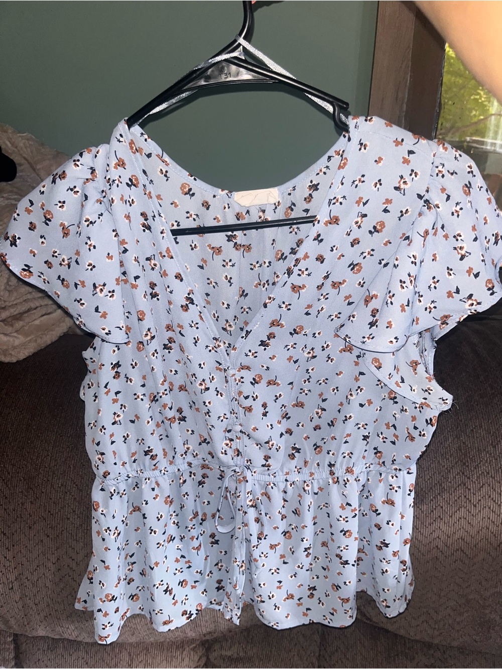 Sienna Sky Light Blue Floral Tie-Waist Ruffle Sleeve Top
